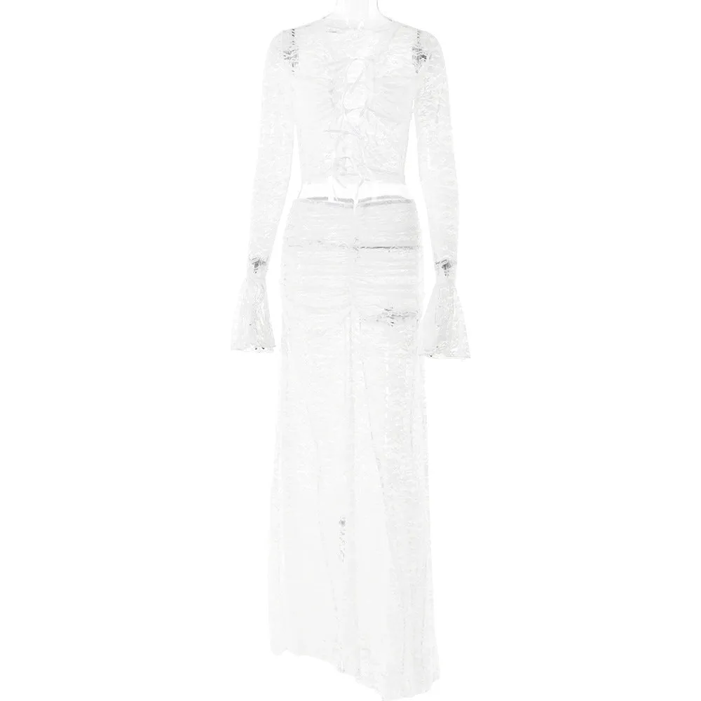 REALAIOT 2025 cross-border new lace perspective two-piece set female sexy spice fashion versatile straps high waist long dress set