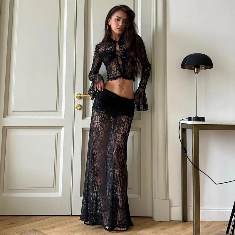 REALAIOT 2025 cross-border new lace perspective two-piece set female sexy spice fashion versatile straps high waist long dress set