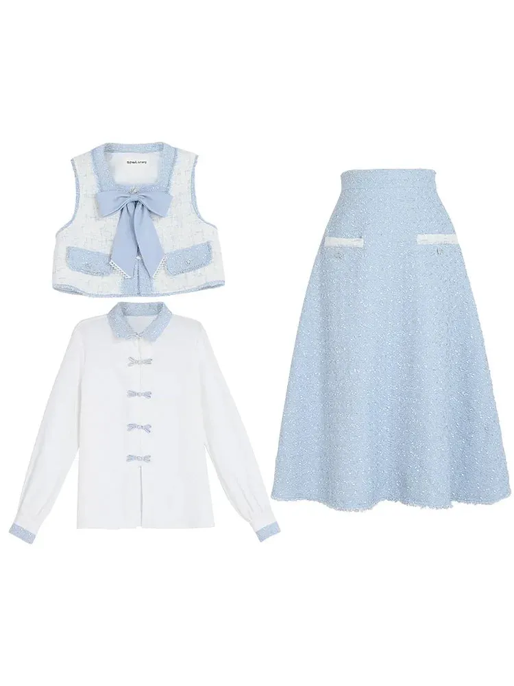 Ribbon Skirt Tweed Vest Tweed Fragrance Blue Suit Shirt