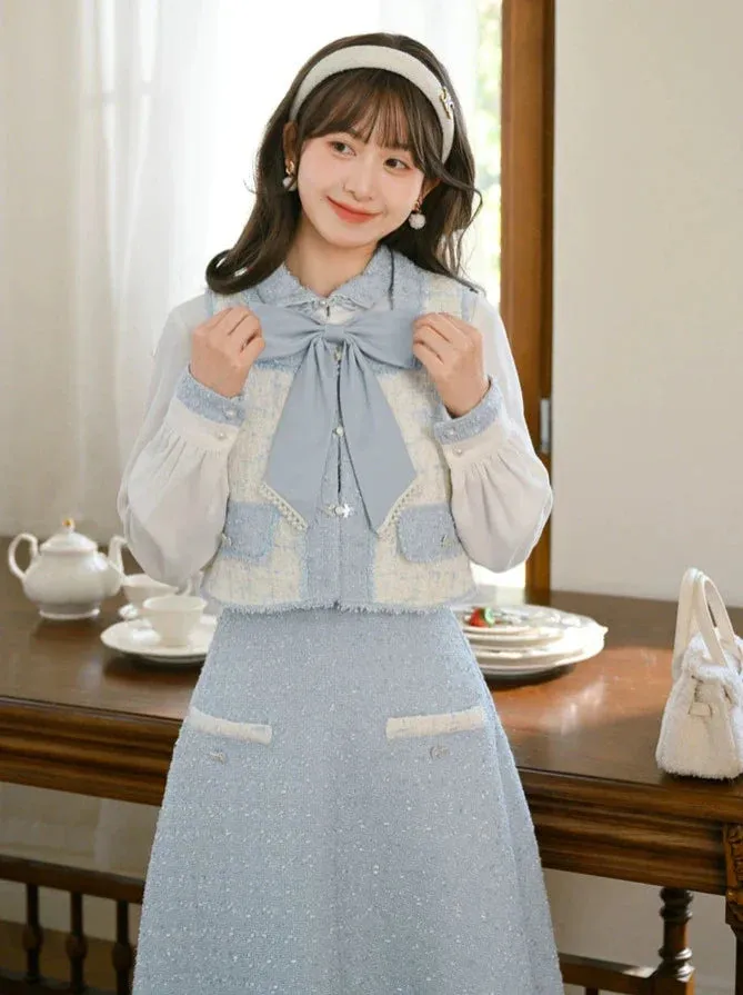 Ribbon Skirt Tweed Vest Tweed Fragrance Blue Suit Shirt