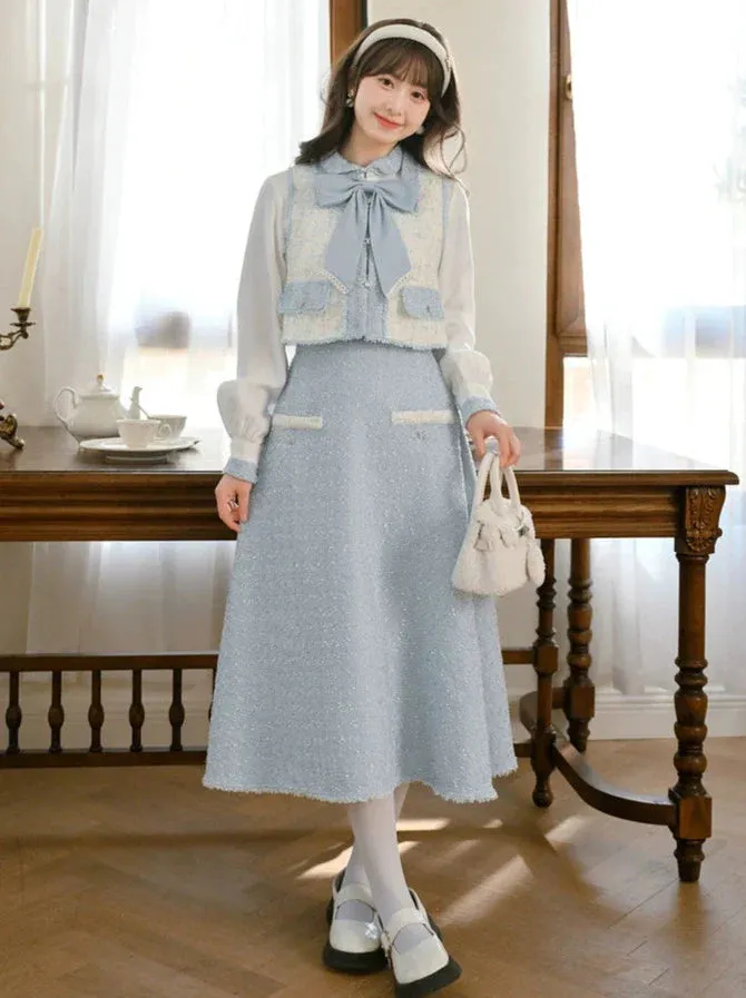 Ribbon Skirt Tweed Vest Tweed Fragrance Blue Suit Shirt
