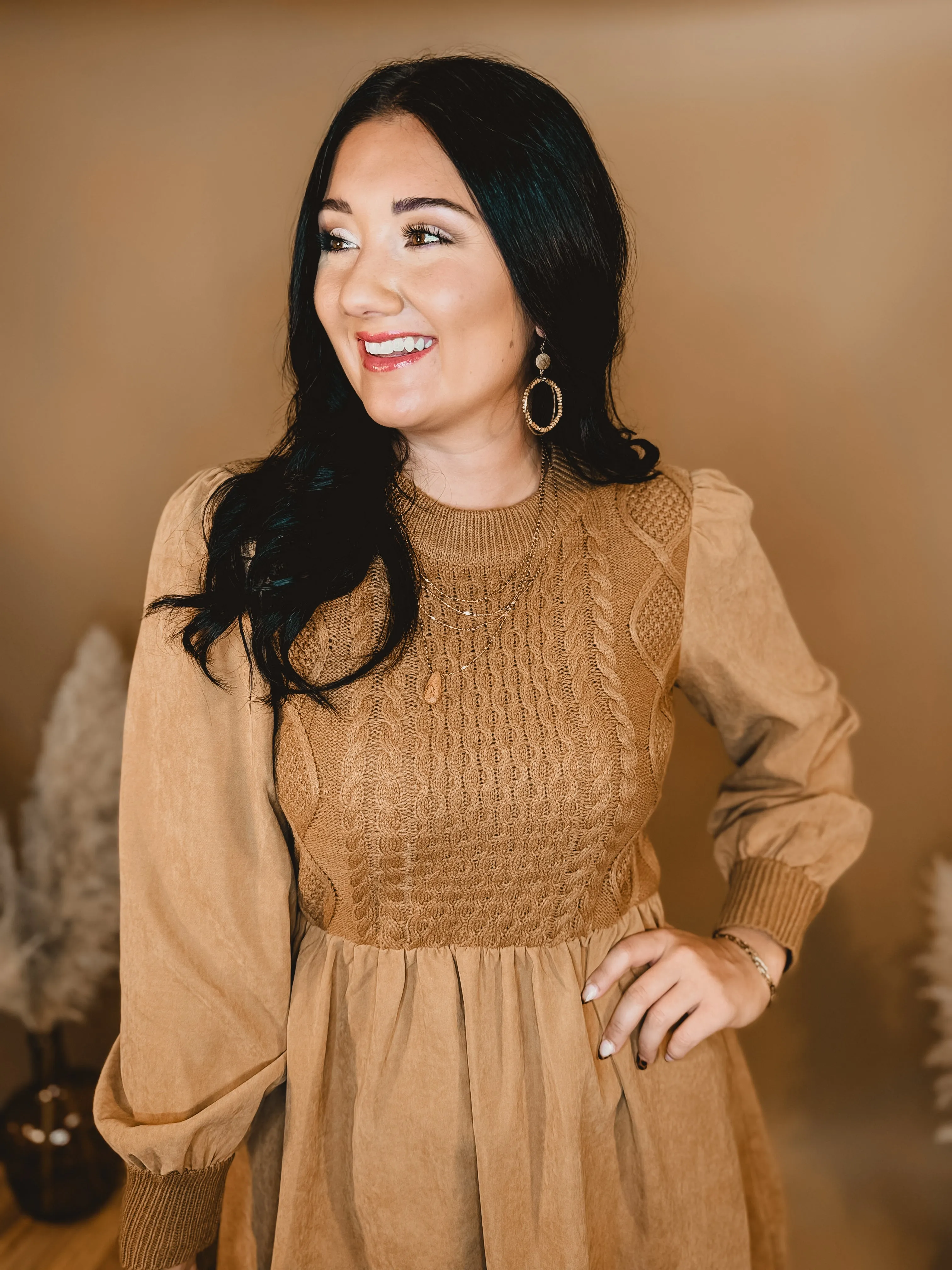 Sweater Contrast Long Sleeve Dress - Camel