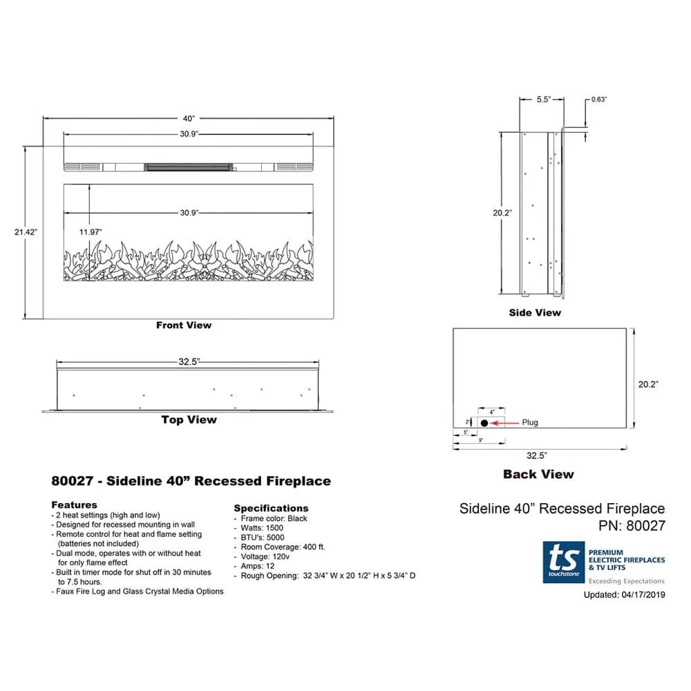 The Sideline 40 Inch Refurbished Recessed Electric Fireplace 80027