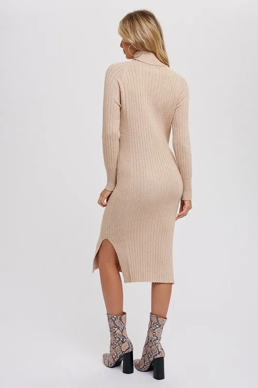 Turtleneck Ribbed Sweater Midi Dress Sand