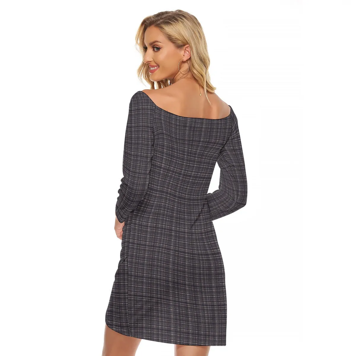 Vampire Art Dark Academia Dark Blue Vintage Tartan Women's Off-shoulder Long Sleeve Dress