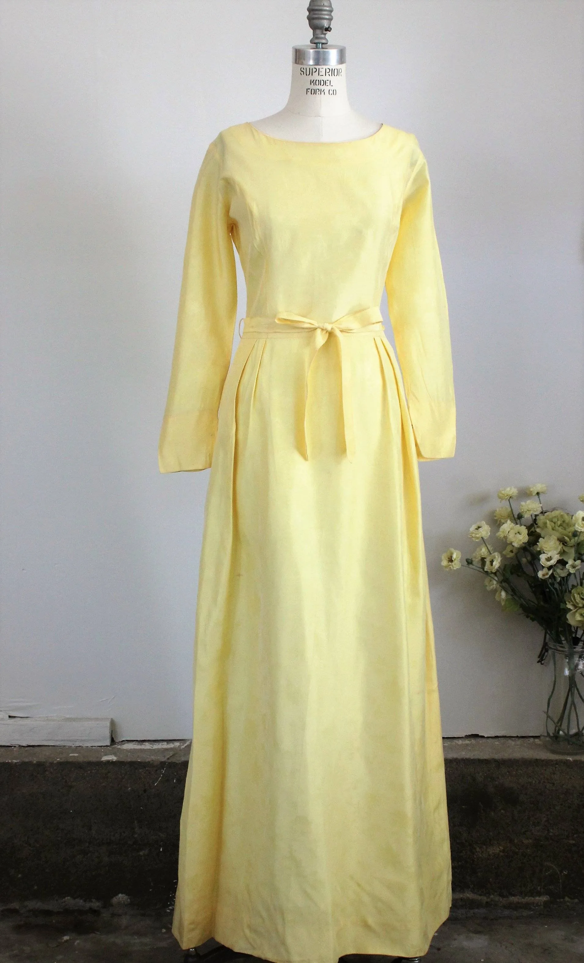 Vintage 1960s Yellow Maxi Dress with tie belt.