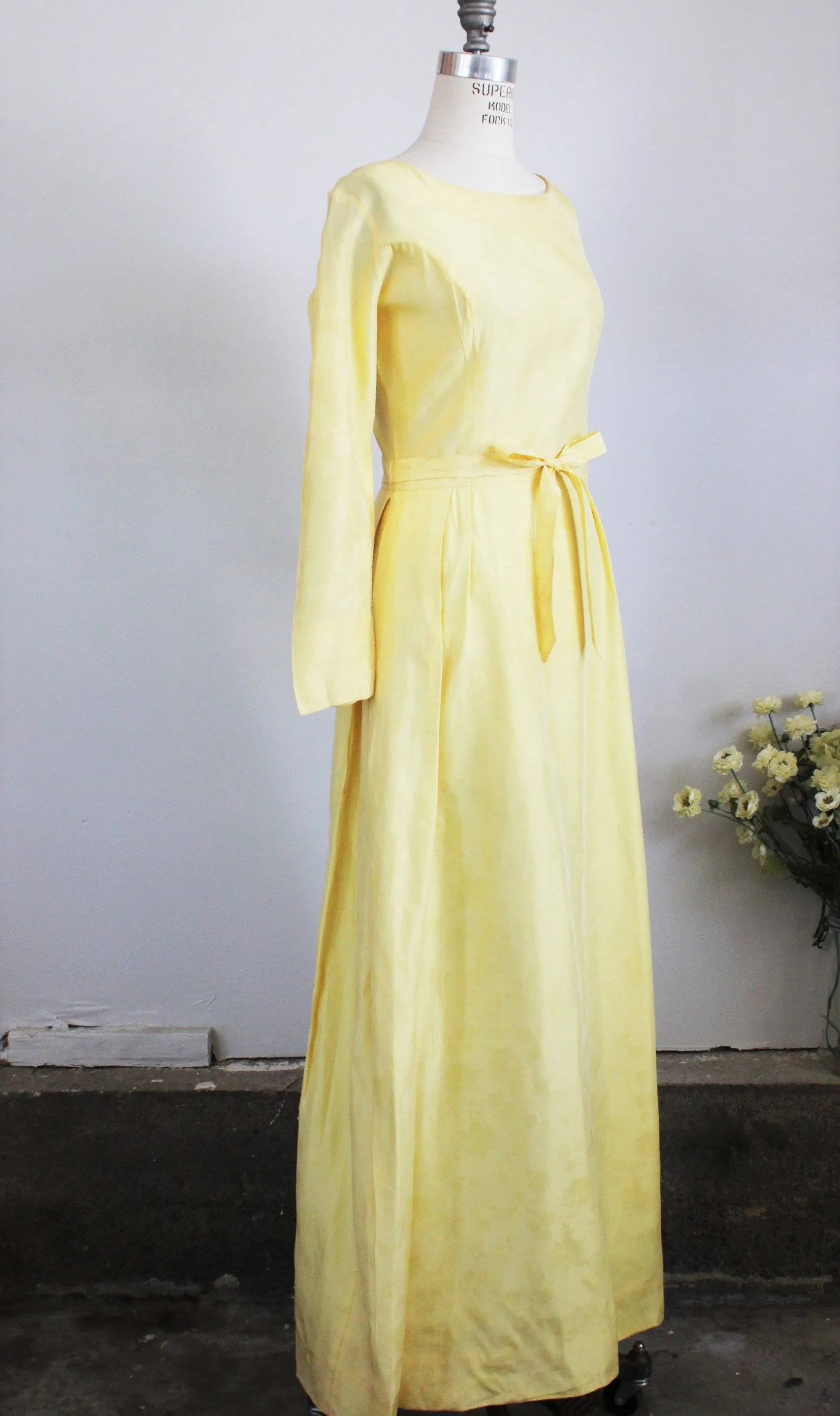 Vintage 1960s Yellow Maxi Dress with tie belt.