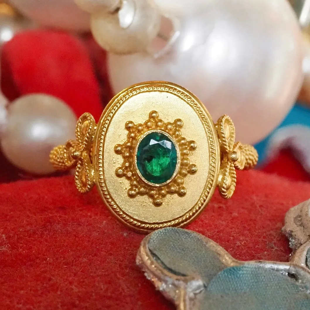 Vintage Greek Ancient Style 22k Gold Emerald Ring