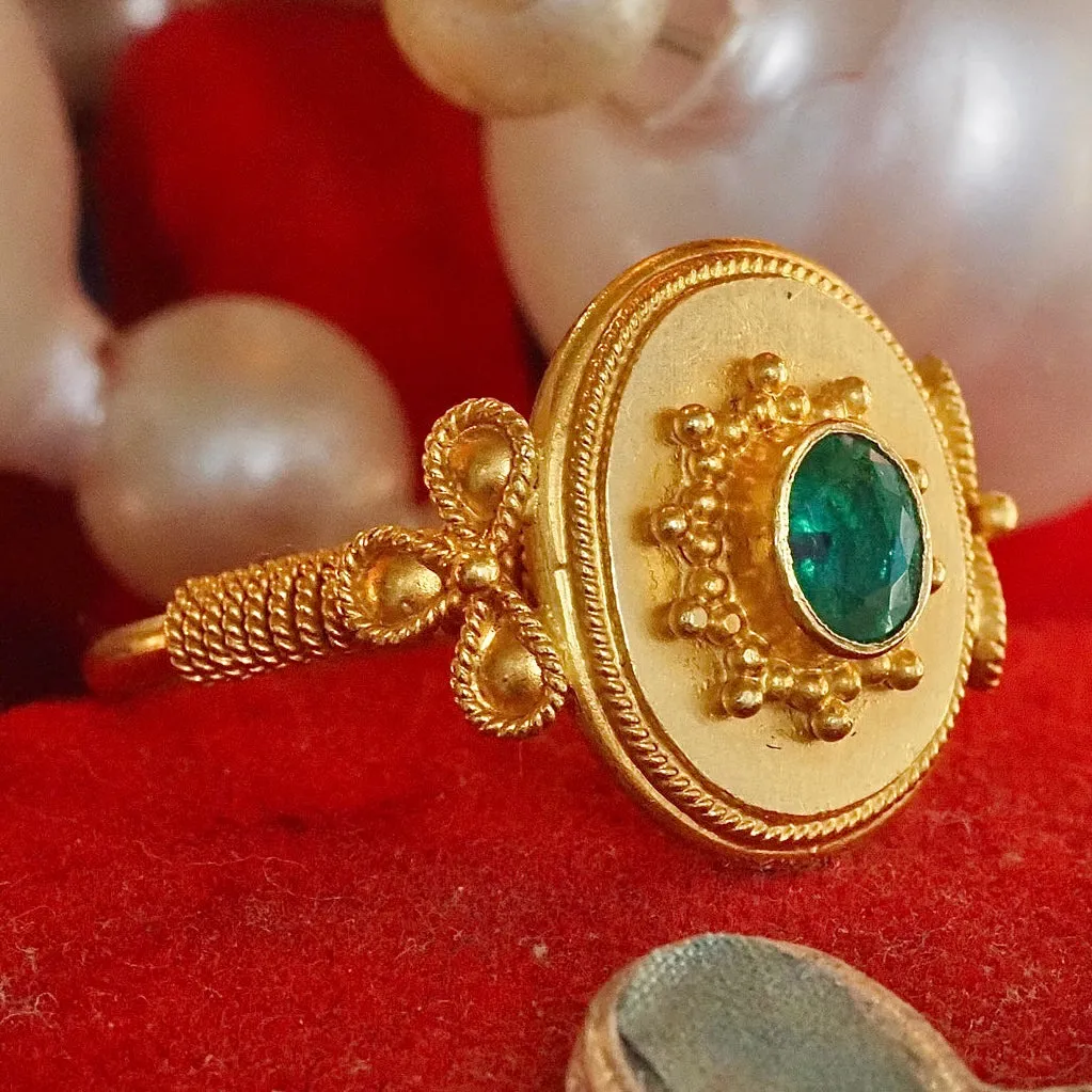 Vintage Greek Ancient Style 22k Gold Emerald Ring