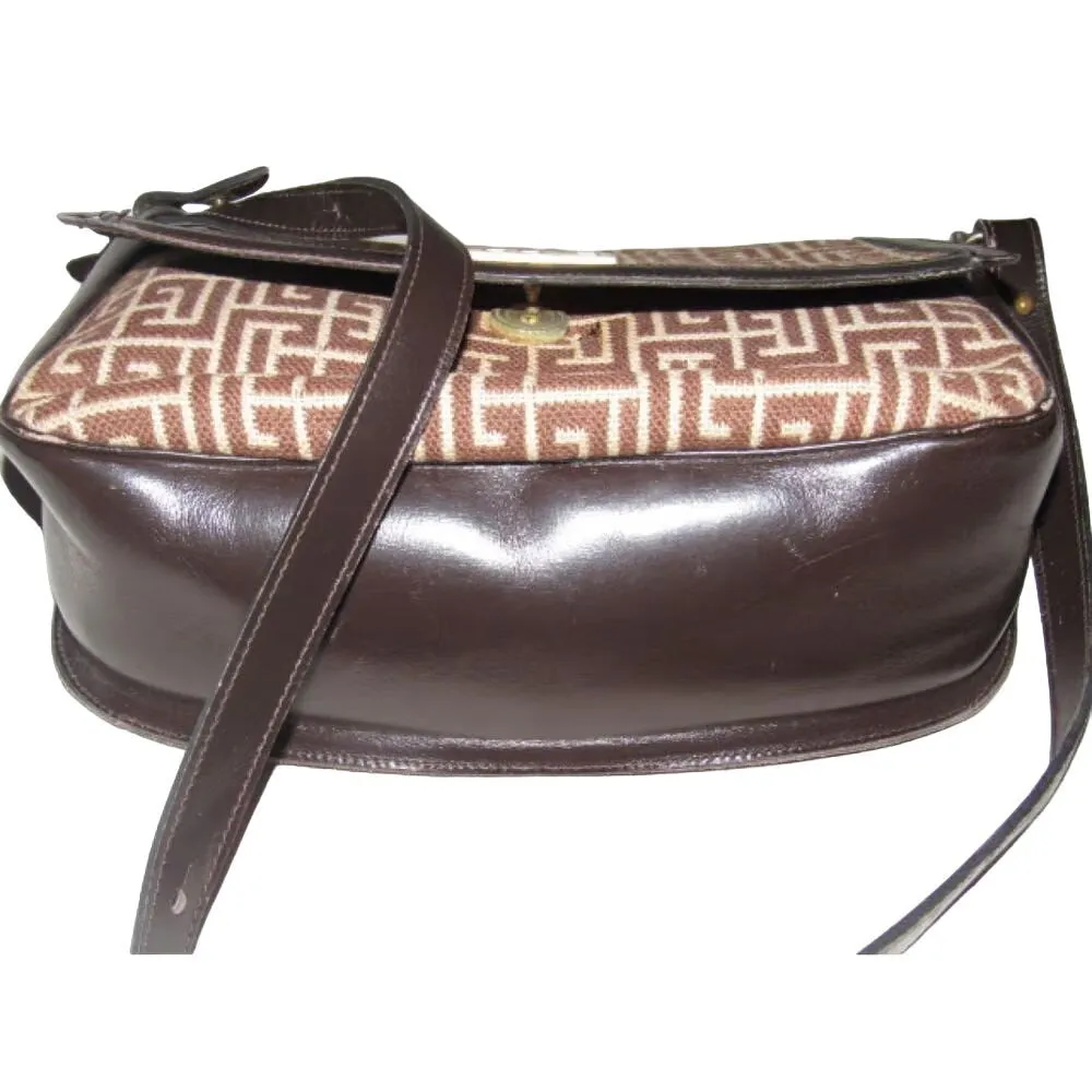Vintage, Pierre Balmain, brown & white, geometric, "subway" print wool & brown leather, two-way shoulder bag with gold hardware