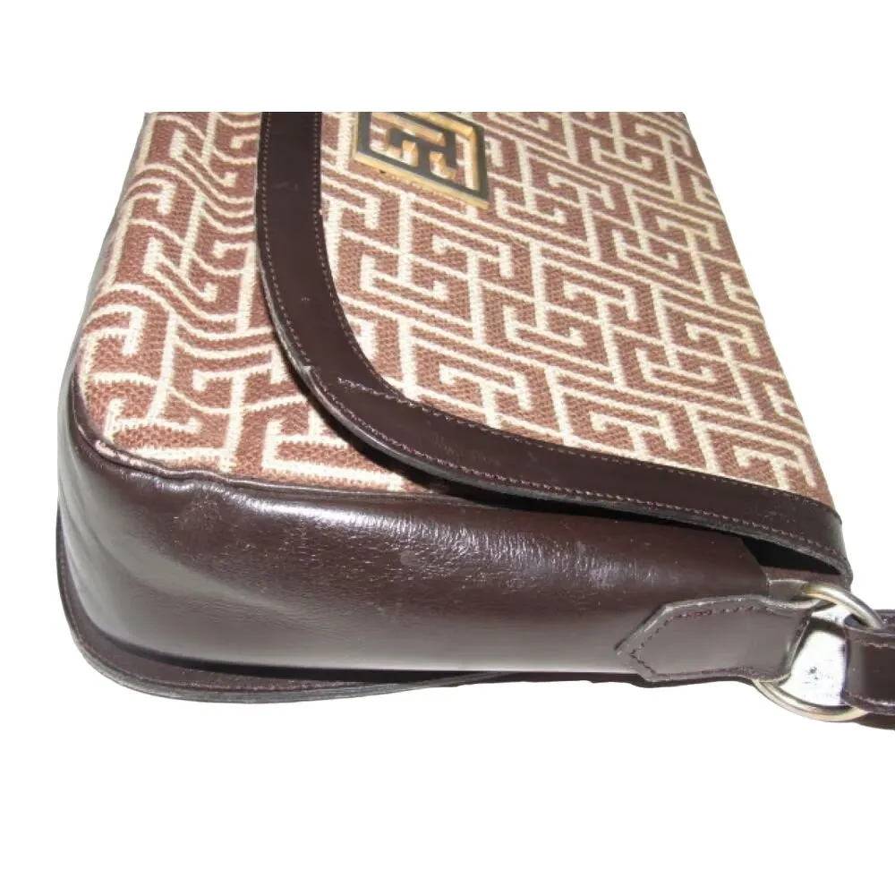 Vintage, Pierre Balmain, brown & white, geometric, "subway" print wool & brown leather, two-way shoulder bag with gold hardware