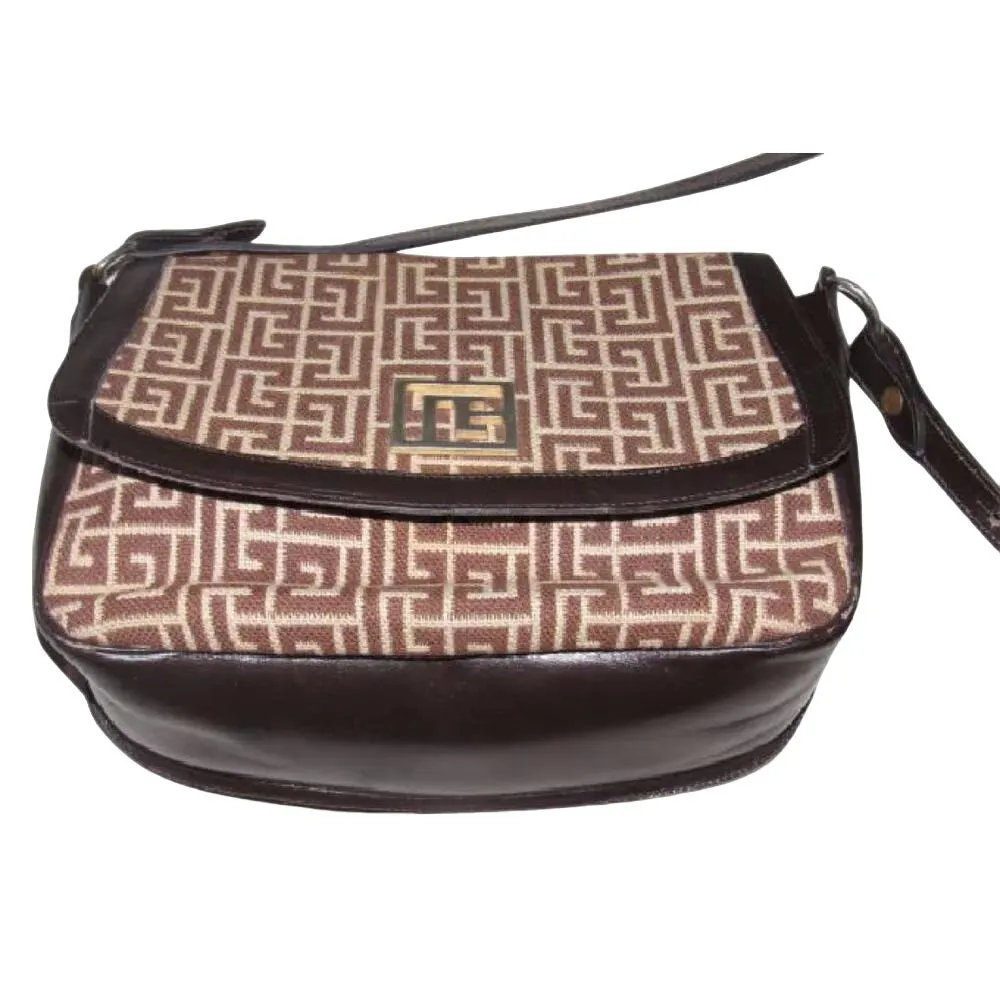 Vintage, Pierre Balmain, brown & white, geometric, "subway" print wool & brown leather, two-way shoulder bag with gold hardware