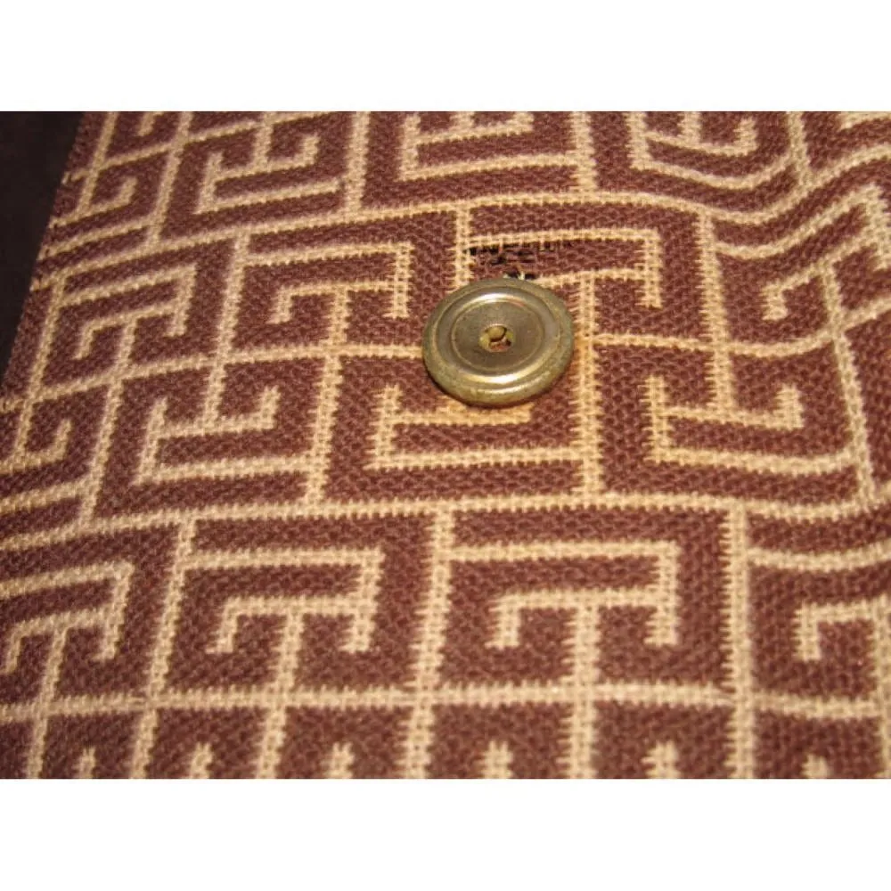 Vintage, Pierre Balmain, brown & white, geometric, "subway" print wool & brown leather, two-way shoulder bag with gold hardware