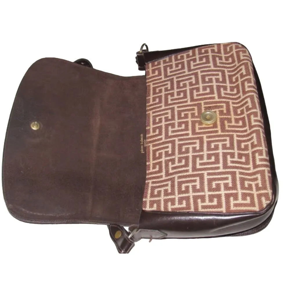 Vintage, Pierre Balmain, brown & white, geometric, "subway" print wool & brown leather, two-way shoulder bag with gold hardware