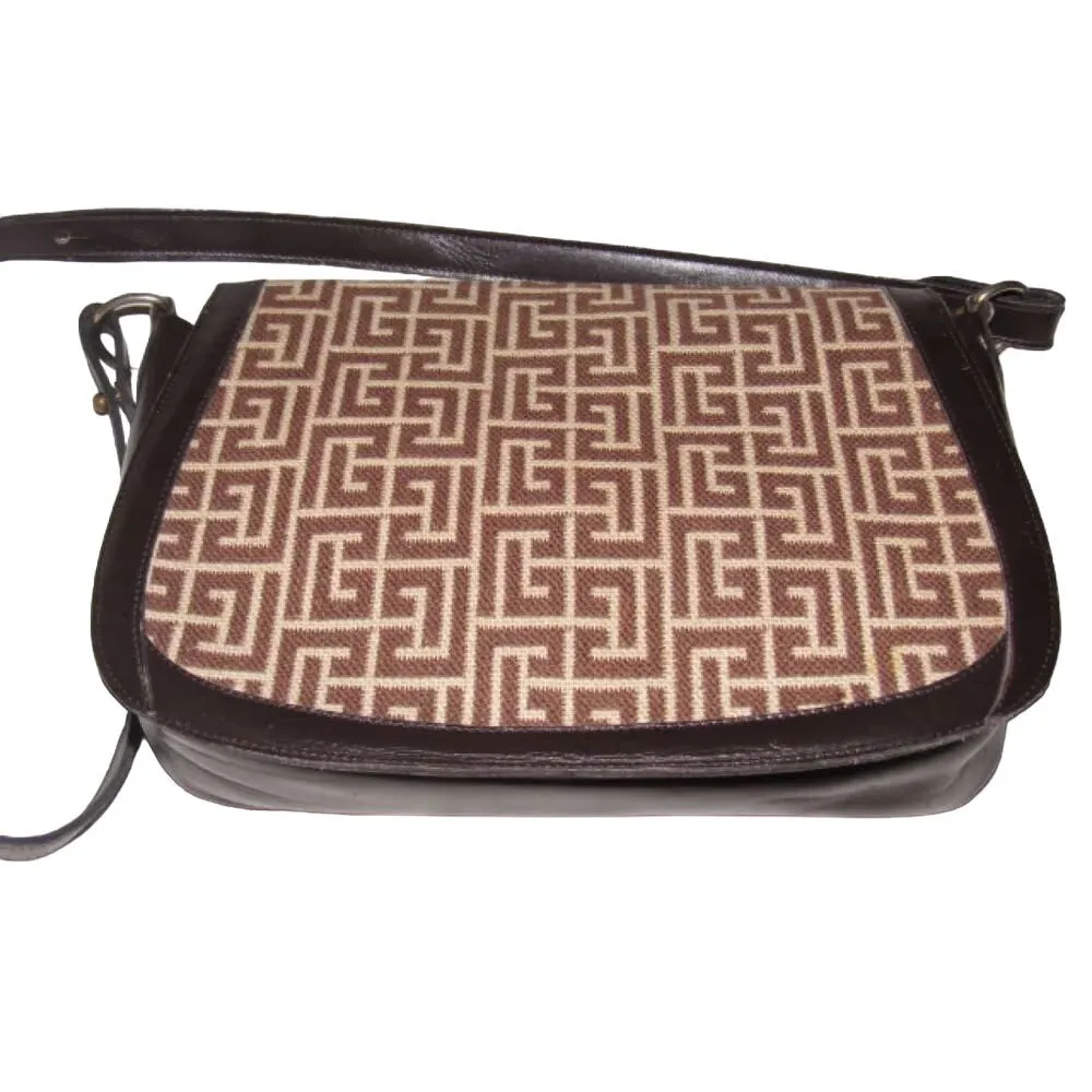 Vintage, Pierre Balmain, brown & white, geometric, "subway" print wool & brown leather, two-way shoulder bag with gold hardware