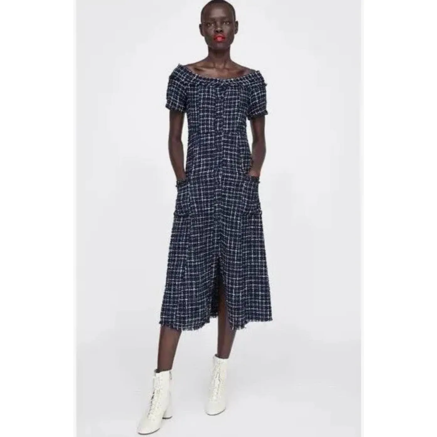 Zara Tweed Midi Dress ASO Queen Letizia Spain Blogger Favorite XL New